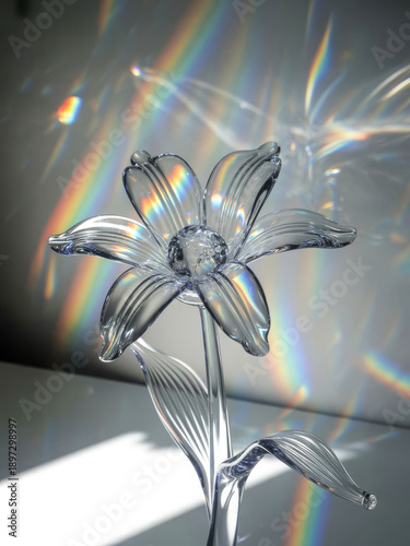 Minimalist clear glass lily sculpture reflecting soft rainbow prisms