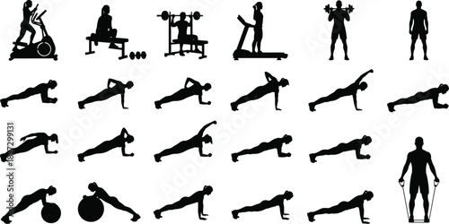 Black Silhouette Set of People Doing Gym Workouts Including Weightlifting Treadmill Running Planking and Fitness Exercises for Healthy Active Lifestyle Design,
