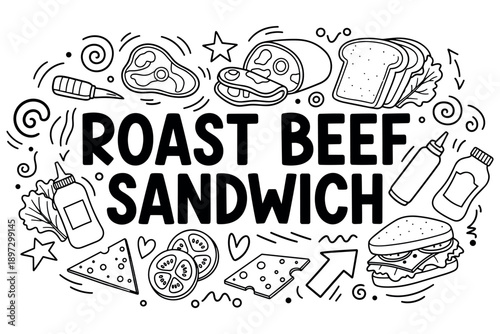 Illustrated roast beef sandwich with ingredients and condiments