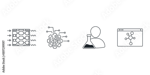 Quantum computing and artificial intelligence vector icon set. Future technology, science, big data, and supercomputer illustration symbols for web design and digital workflow.