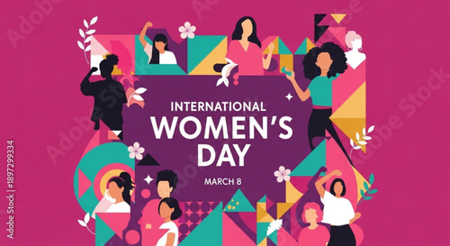 International women's day poster with diverse women and colorful geometric shapes on pink background
