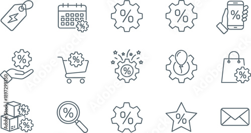Discount and promotion line icons set featuring percent symbols pricing ecommerce offers marketing sales vector illustration design collection