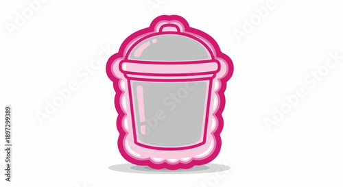 Cartoon-style waste container icon in grey and pink, representing disposal, delete, and clean-up functions digitally.