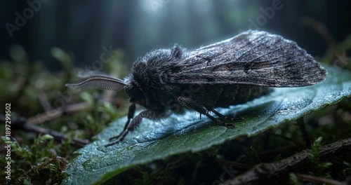 Macro photography of a moth on a green leaf illuminated by light