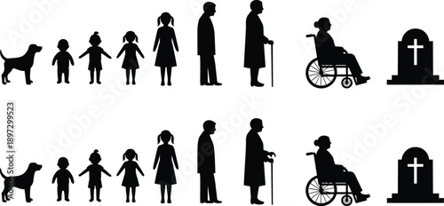 Black Silhouette Set Representing the Human Life Cycle From Infancy to Old Age and Death for Aging Concept and Healthcare Design,