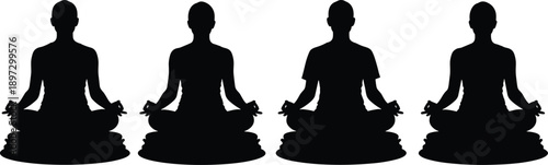 Black silhouettes of people in meditation pose sitting in lotus position for wellness, mindfulness, yoga, zen, and spiritual peace icons