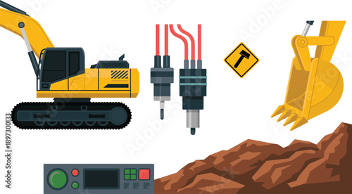 Construction excavator and hydraulic breaker illustration set, heavy machinery parts with bucket, control panel and tools, industrial equipment elements, vector isolated on white background
