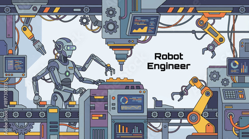 future robot engineer operating machinery inside an advanced factory environment colorful cartoon vector illustration