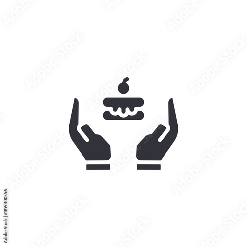 Hands holding cake icon representing homemade bakery service and caring celebration preparation.
