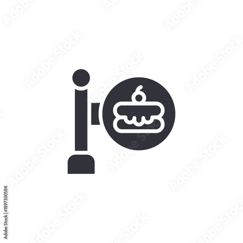 Signpost with cake symbol icon representing bakery location marker and dessert shop direction.