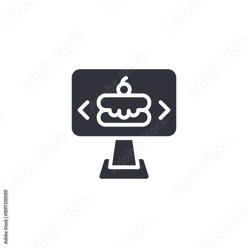 Computer monitor displaying cake icon symbolizing online bakery ordering and digital dessert marketing.