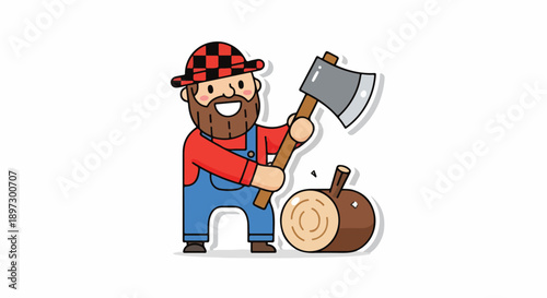 Happy cartoon lumberjack with beard, axe, and plaid hat chopping wood, isolated on white background.