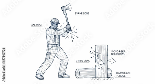 Illustration showing a lumberjack chopping wood with an axe, demonstrating strike zone and wood fiber breakdown