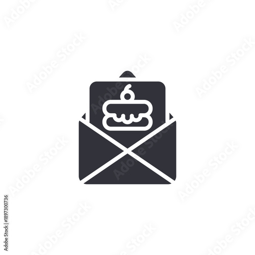 Envelope with cake symbol icon representing bakery invitation and birthday party announcement.