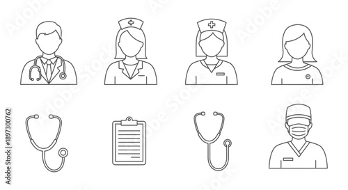 line art icons of medical professionals and healthcare equipment featuring doctors nurses and surgeons illustrating modern health services