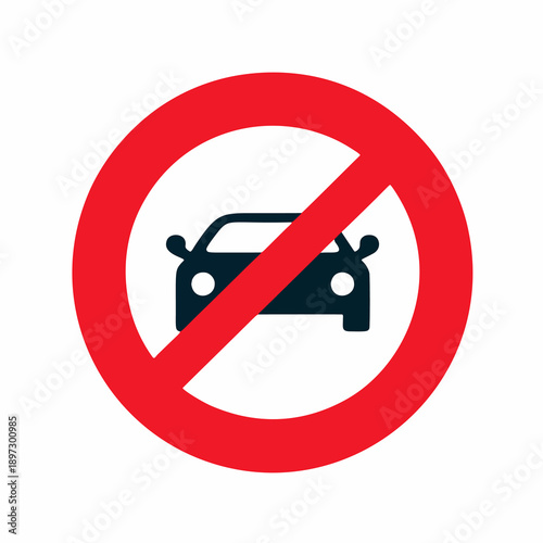 Bold graphic symbol 'No Entry for Cars' or 'No Parking' sign. Red circle with slash over car silhouette, conveying restricted vehicle access and important traffic regulations