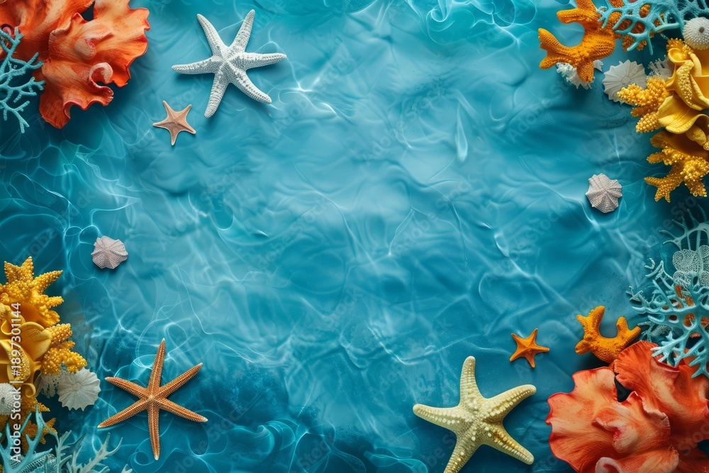 Fototapeta premium Marine decoration creating a frame around a rippled turquoise water surface, ideal for summer and travel themes