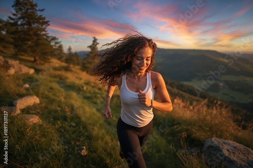 Wallpaper Mural Woman runs freely through mountain landscape bathed in warm golden sunset light Torontodigital.ca