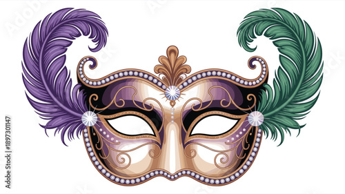 Elegant Venetian carnival mask illustration, luxury masquerade design with feathers, pearls and ornamental details, festive party costume vector artworkElegant Venetian carnival mask illustration