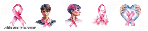 World Cancer Day Clipart Bundle, Cancer Awareness Watercolor Illustrations with Pink Ribbons and Woman