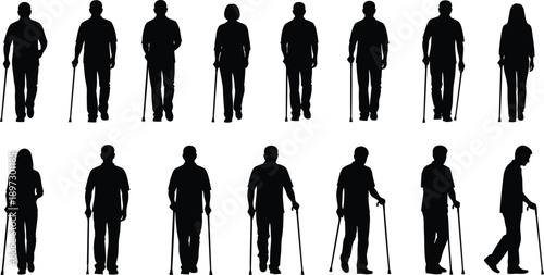 Collection of black vector silhouettes of elderly men and women walking with canes and sticks isolated on white background for senior lifestyle and aging concepts.