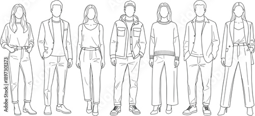 Line art vector illustration of diverse young people wearing smart casual capsule wardrobe outfits featuring minimalist fashion styles for professional business and modern lifestyle branding