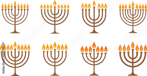 Set of Jewish menorah vector icons featuring seven and nine branch candelabras with burning flames for Hanukkah festival of lights and Judaism religion.