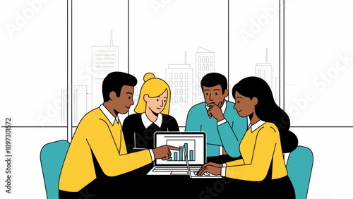 Team collaborates in meeting around laptop, viewing bar graph in modern office with cityscape window