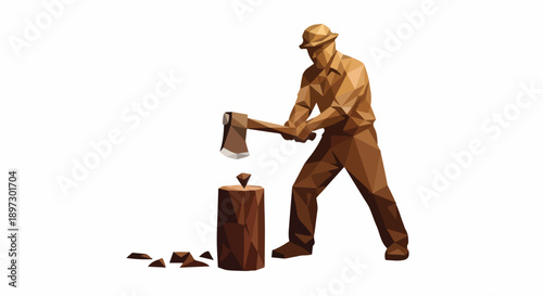 Woodcutter chopping wood with an axe on a stump, low poly illustration, isolated on white background