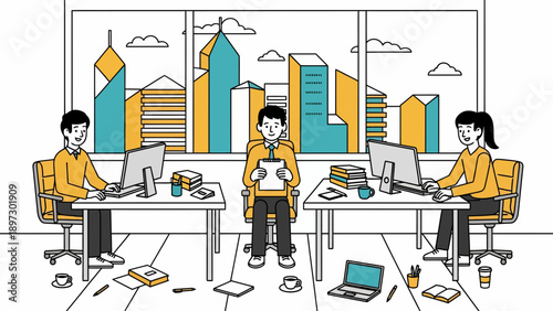 Three Professionals Work at Desks in an Office, Focused on Computers, With City Skyline Visible Through a Window, Depicting Productive Workplace