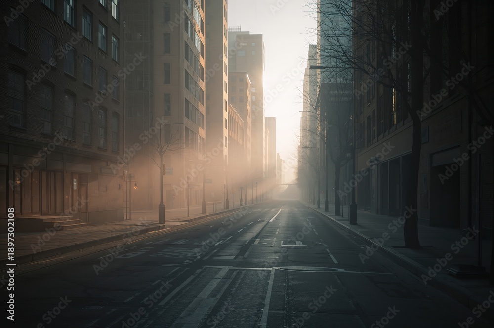 Obraz premium Quiet city street at dawn with misty calm and cinematic urban atmosphere