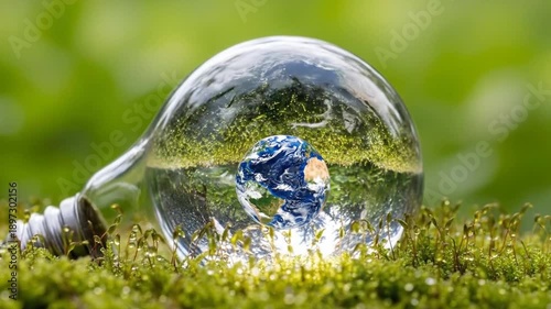 innovative environmental awareness concept with a glass light bulb containing the earth reflecting green landscapes emphasizing