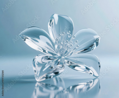 Clear glass flower with crystal center on reflective surface soft background