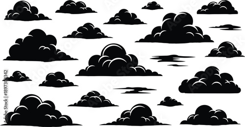 Collection of black cloud silhouettes in various shapes and sizes isolated on white background for sky weather and atmosphere design,