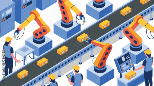 Isometric automated production line illustration with robotic arms, conveyor belt and workers, smart factory manufacturing process, industrial automation vector isolated on white background