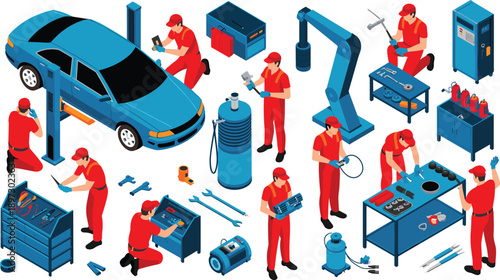 Isometric auto repair workshop illustration with mechanics, car service equipment and tools, vehicle maintenance and industrial garage workflow concept, vector isolated on white background