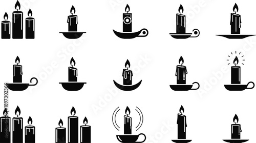 Collection of black candle silhouettes with flickering flames and holders isolated on white background for religious holiday or spa design