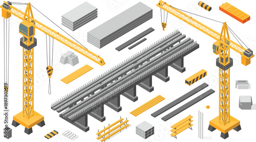 Isometric construction crane and bridge building illustration set, industrial engineering site with heavy machinery, infrastructure development vector isolated on white