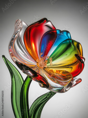 Vibrant colorful glass flower sculpture with green leaves bright light