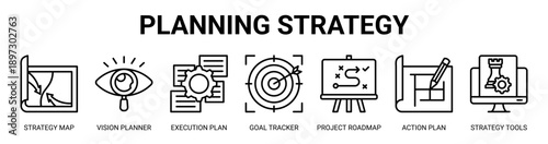 Planning Strategy web banner icon vector illustration concept with icon of strategy map, vision planner, execution plan, goal tracker, project roadmap, action plan, and strategy tools.