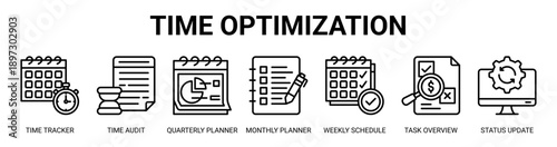 Time Optimization web banner icon vector illustration concept with icon of time tracker, time audit, quarterly planner, monthly planner, weekly schedule, task overview, and status update.