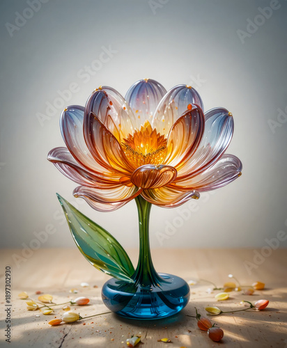 Glass lotus flower with warm colors and blue vase on wooden table