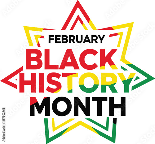 Striking graphic design celebrating february black history month utilizing pan african colors within a geometric star emblem