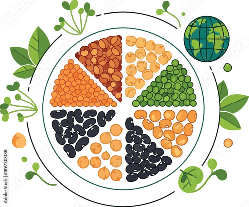 Illustration of a healthy plant based diet featuring various legumes and pulses arranged circularly around a small earth icon.