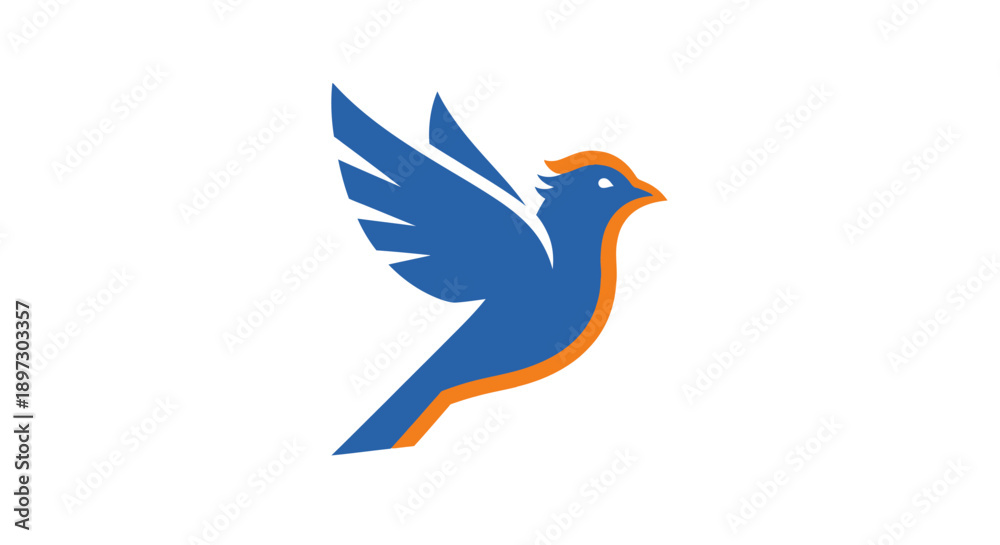 Fototapeta premium A blue and orange bird icon with outstretched wings against a clean white background in a graphic style.