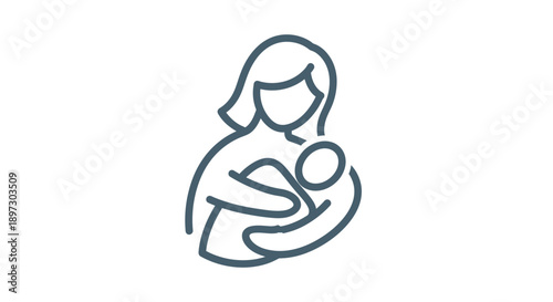 Simple line drawing of a woman holding and breastfeeding an infant against a clean white background.