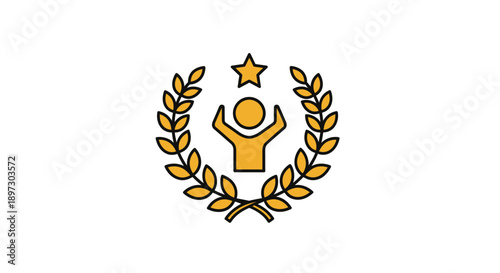 Simple icon design featuring a yellow figure with raised arms and a star, surrounded by a laurel wreath on a white background.