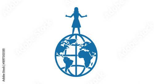 Blue silhouette of a woman standing on top of a globe against a plain white background.