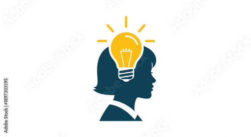 A dark blue silhouette of a woman's head with a yellow lightbulb representing an idea against a plain white background.