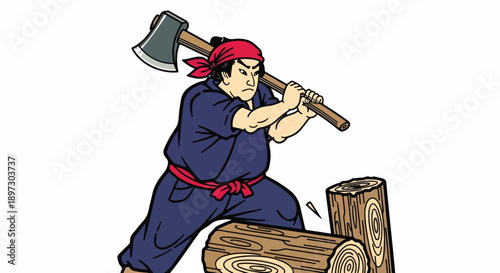 Japanese lumberjack with axe chopping wood, cartoon style illustration